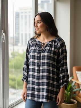 LOFT Women's Black and White Plaid Peasant Top - Classic Tie Neck